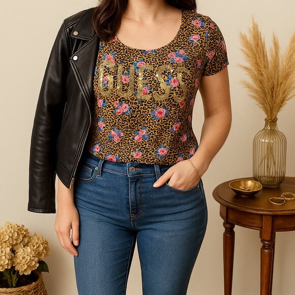 GUESS Floral Leopard Print Sequin Logo Top XL Short Sleeve Scoop Neck Stretchy - Picture 1 of 8